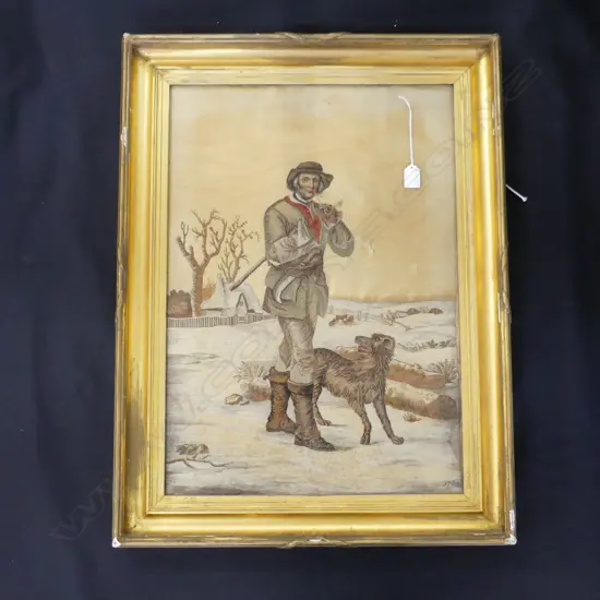 MARY LINWOOD, ‘FORRESTER & HIS DOG.’ (1785) WORKED SILK, IN GOLD FRAME 630x440mm