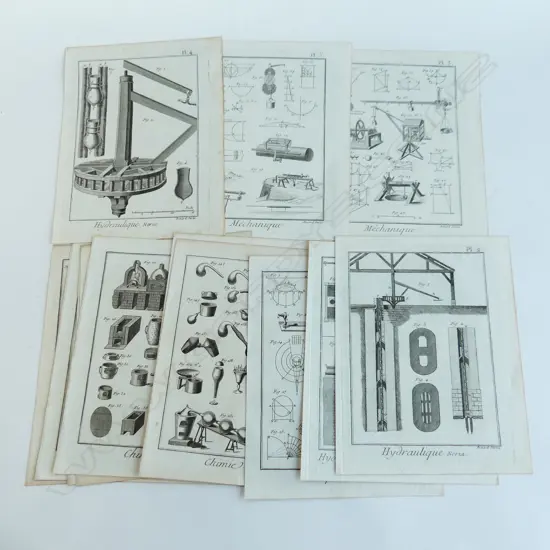 14 ASST. 18thC BENARD DIREXIT FRENCH SCIENTIFIC / MECHANICAL BOOKPLATE ENGRAVINGS; 'CHIMIE' ETC 245x195mm