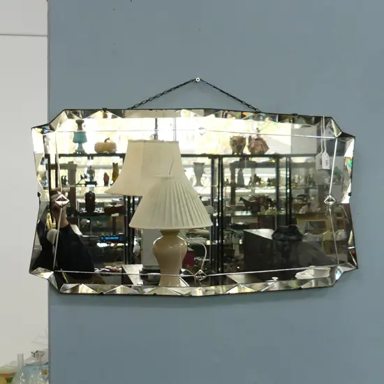 ART DECO WOODEN BACKED BEVELLED WALL MIRROR 680 X 390MM