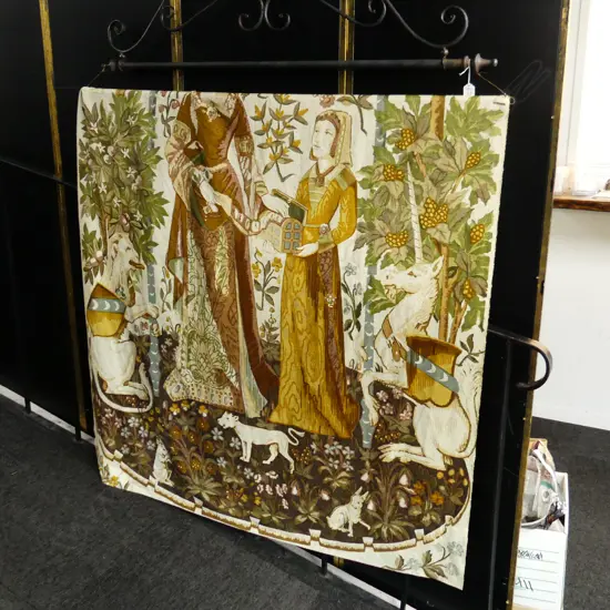 FRENCH LINEN WALL TAPESTRY; COURTING COUPLE ON METAL FRAME...