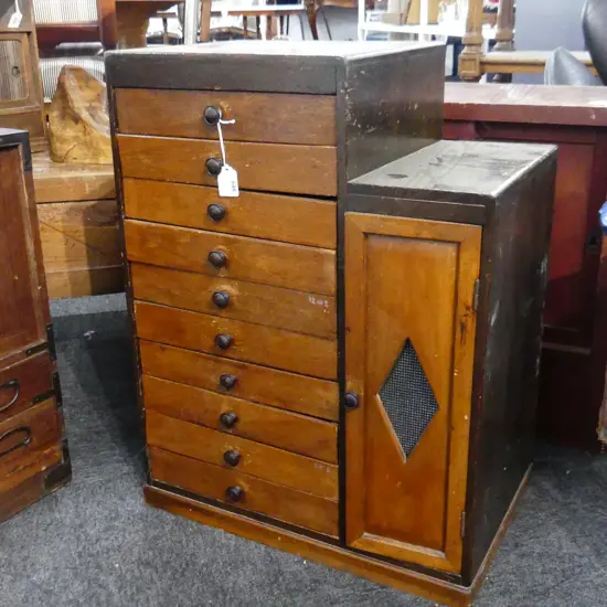 JAPANESE VINTAGE COLLECTORS CHEST 10 drws 1 dr stepped. 490 x 310 x 640mm.