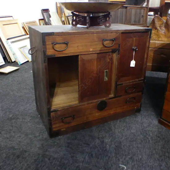 JAPANESE VINTAGE BEDSIDE / COLLECTORS CHEST bronze fittings 3drs 3drwrs 600 x 330 x 535mm