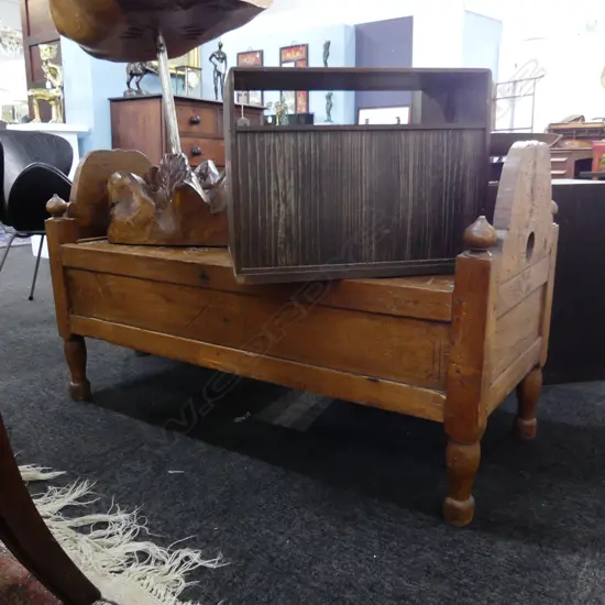 CARVED WOODEN BENCH w. STORAGE UNDER SEAT 1080x450x630mm