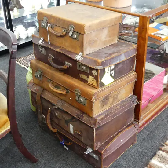 5 VINTAGE LEATHER SUITCASES