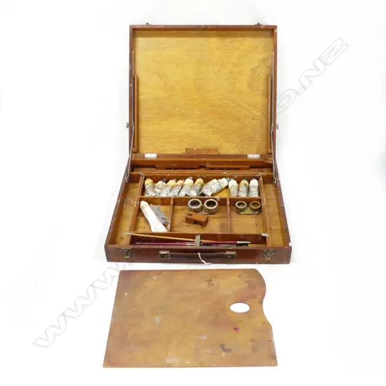 VINTAGE WOODEN ARTISTS BOX - WITH CONTENTS (BRUSHES ETC..)