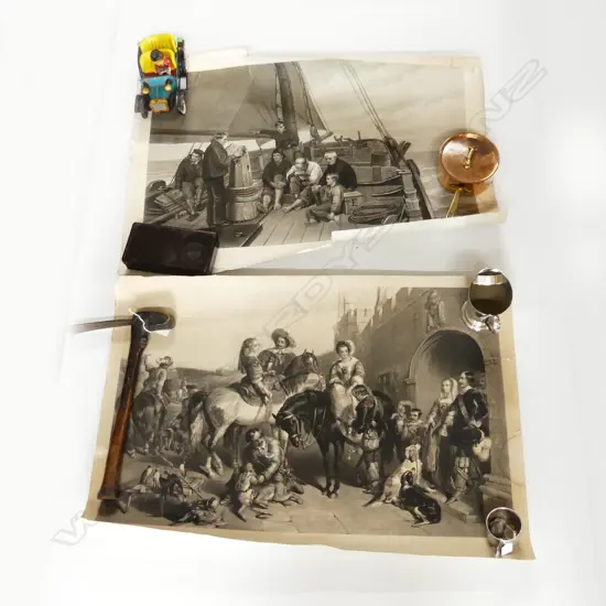 2 UNFRAMED ENGRAVINGS THE HUNT & ON BOARD SHIP H600 L930MM