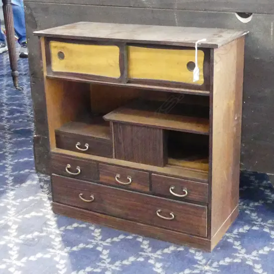 QUALITY JAPANESE VINTAGE BEDSIDE / COLLECTORS CHEST gold panels. rosewood front 560 x 255 x 600mm