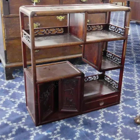 JAPANESE VINTAGE ROSEWOOD SMALL DISPLAY CABINET open shelves + pr drs fret carved galleries 660x240x715mm