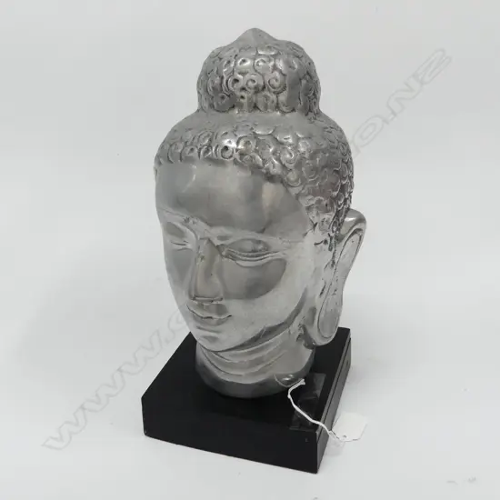 SILVER METAL BUDDHA'S HEAD ON WOODEN STAND H. 340MM