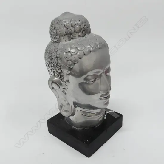 SILVER METAL BUDDHA'S HEAD ON WOODEN STAND H. 340MM