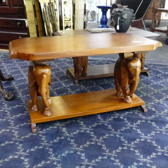WOODEN COFFEE TABLE WITH CARVED ELEPHANT LEGS WITH IVORY TUSKS (TO BE ATTACHED) L. 900 X 420MM