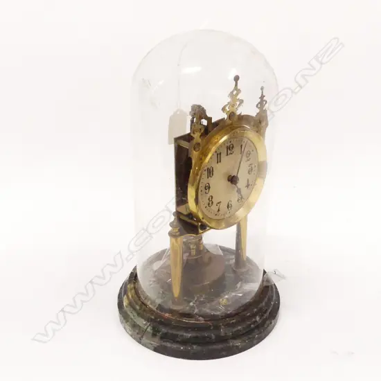 VINTAGE DOME CLOCK 'BHA' w. GREEN MARBLE BASE H.300mm