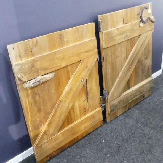 PR HALF RECYCLED WOODEN BARN DOORS DECORATED WITH IRON, HORSE SHOE ETC..  EACH 1000 X 700MM