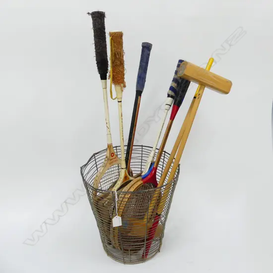 WIRE BASKET w. VINTAGE TENNIS RACKETS, PR MALLETS