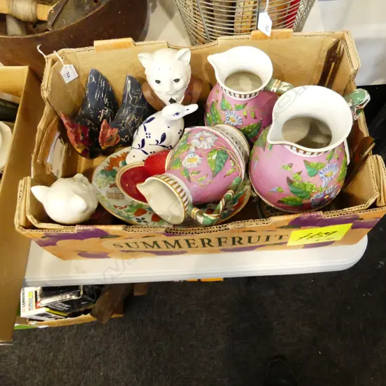 BOX LOT 3 ANTIQUE PINK JUGS AF, PR RESIN CAT BUSTS, CHINA ETC