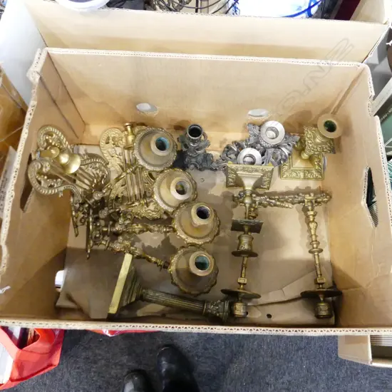 BOX LOT ASST BRASS CANDLE STICKS, WALL SCONCES ETC..