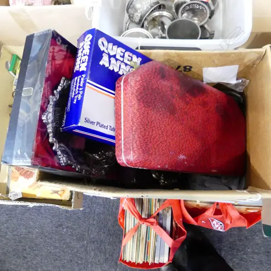 BOX SILVER PLATE, ALL IN ORIGINAL BOXES INCL RODD 12 PC DESSERT CUTLERY SET, QUEEN ANNE DISH ETC..