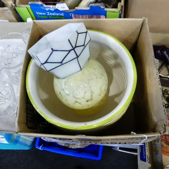 BOX CONTAINING ITALIAN JARDINIERE & 3 OLD LIGHT FITTINGS