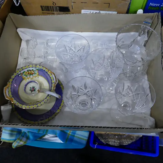 BOX ASST INCL CRYSTAL STEM WARE & JUG, SAUCE DISH & LADLE ETC..