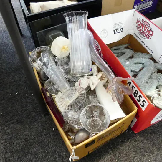 BOX LOT ASST. CRYSTAL; GLASSES, VASES + 2 FIGURES ETC