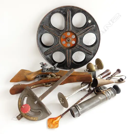 LOT 2 REPRO GUNS/REEL VINTAGE KITCHEN ITEMS ETC