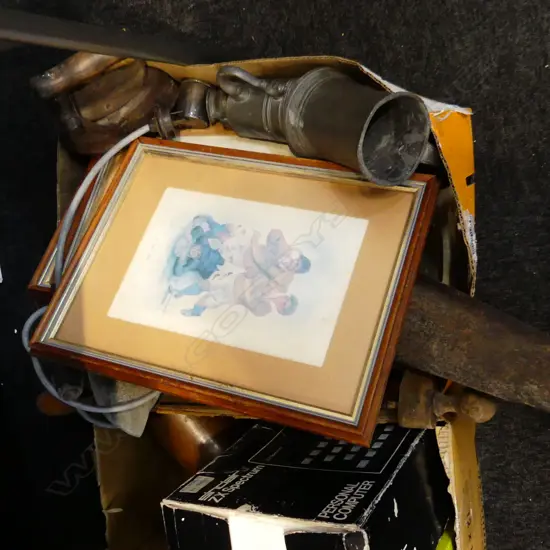 BOX LOT 5 RUGBY PRINTS, SAWS, PEWTER TANKARDS, 2 IRONS