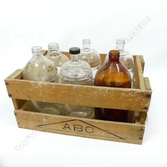 BOX LOT 6 LG GLASS BOTTLES IN WOODEN CRATE