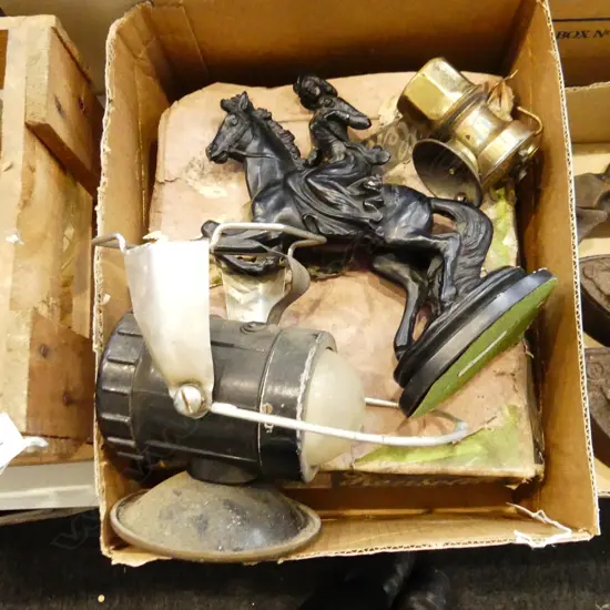 BOXED SET OF LAWN BOWLS  BRASS CARBINE LAMP H100MM TORCH & HORSE RIDING FIGURE H260MM