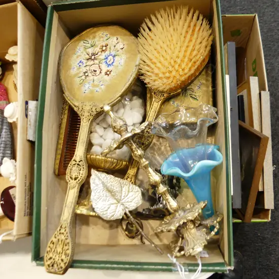 SM BOX MISC INCL BRASS & GLASS, DRESSING TABLE ITEMS, EPERGNE VASES ETC...