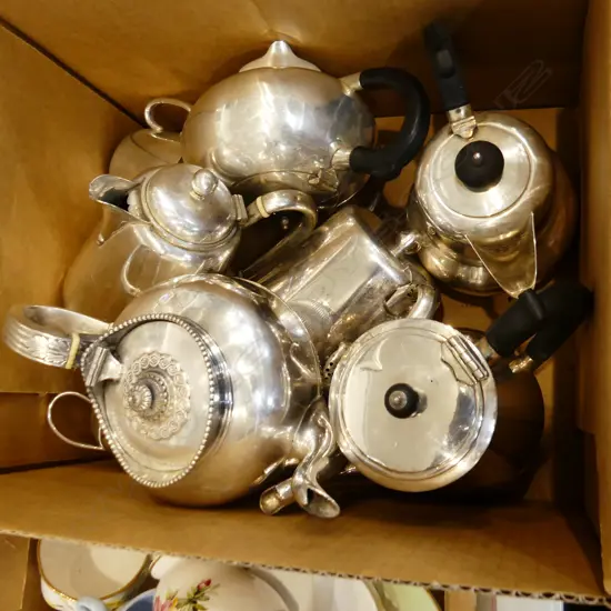 BIG BOX LOT ASST SILVER PLATE, JUGS, TEAPOTS ETC..