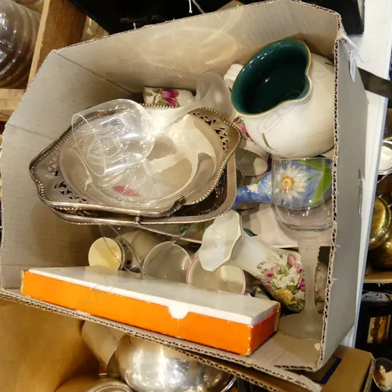 BOX MISC INCL CHINA, SILVER PLATE ETC..