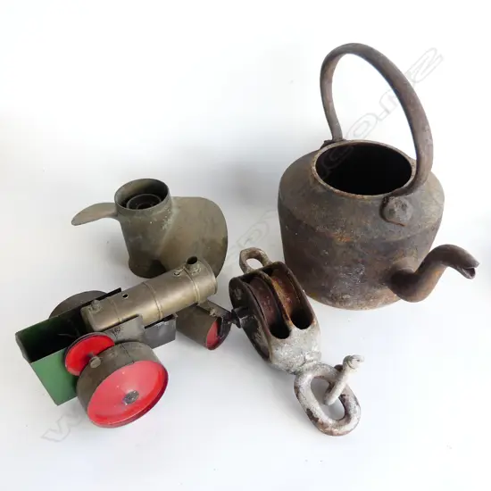 BOX LOT CAST IRON KETTLE NO LID BRONZE BOAT PROP  METAL PULLEY & MODEL STEAM TRACTOR