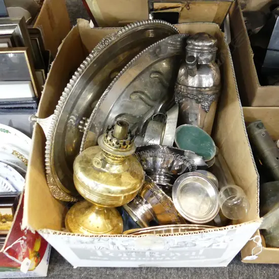 BIG BOX LOT ASST OLD SILVER PLATE INCL MEAT TRAYS ETC..