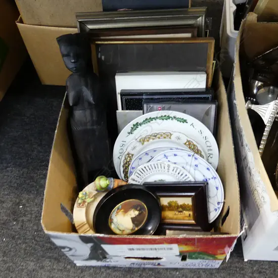 BOX LOT ASST. ARTWORKS; 3 GERMAN PLATES, CARVED WOODEN AFRICAN FEMALE FIGURE...