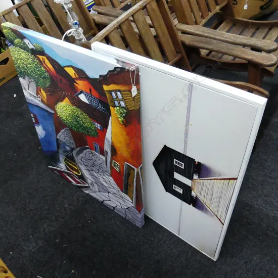 2 LGE MODERN PRINTS; BLACK BOAT SHED & ABSTRACT MEDITERRANEAN VILLAGE 890x720mm
