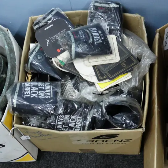 BOX LOT BEER GLASSES, COASTERS ETC