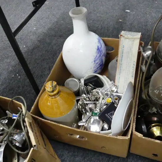 BOX LOT EP CUTLERY, CROCK, VASE ETC