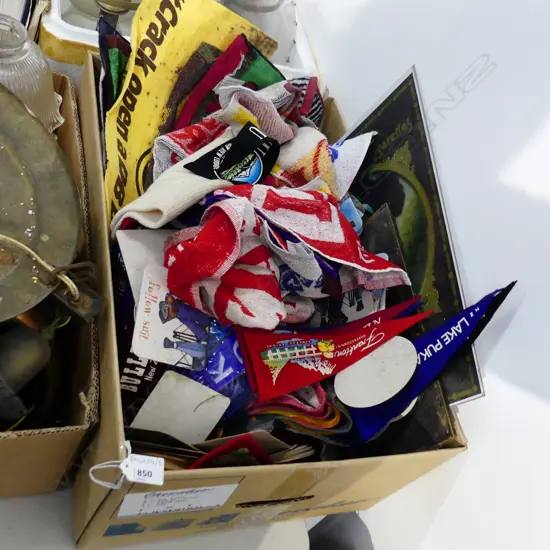 BOX LOT ASST. VINTAGE PUB BEER TOWELS, COASTERS, NZ PENNANT FLAGS ETC