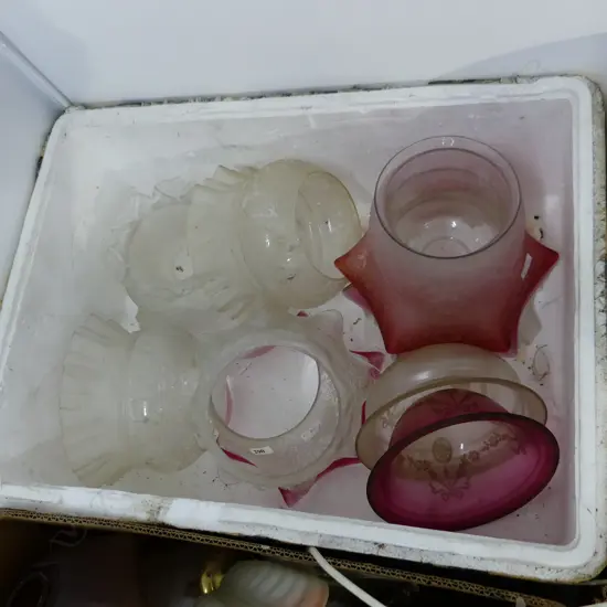 BOX LOT ASST. VINTAGE / ANTIQUE LIGHT SHADES; CRANBERRY ETC