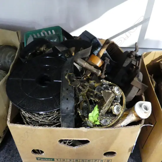 BOX LOT ASST. EP, CASED CUTLERY, LIGHT FITTINGS / CHAIN, SANDING WHEEL ETC