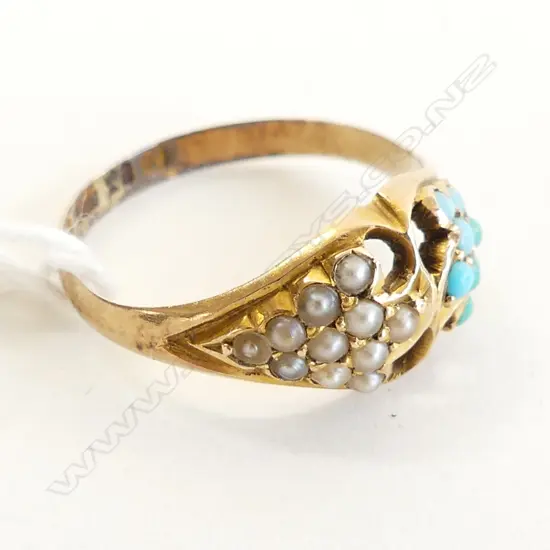 ANTIQUE 15CT HALLMARKED SEED PEARL & TURQUOISE SIGNET RING 