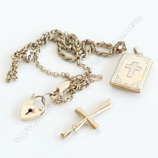 9CT GOLD CROSS, LOCKET & 2 BRACELETS  7.8GMS 