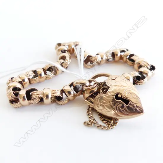 9ct ROSE GOLD BELCHER LINK BRACELET PUFF HEART PADLOCK CLASP 17.5gm