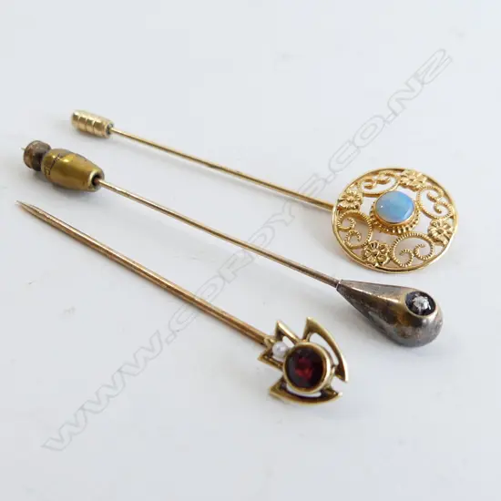 3 STICK PINS; 14CT YG GARNET & SEED PEARL, 14CT YG DIAMOND, 12 GF OPAL