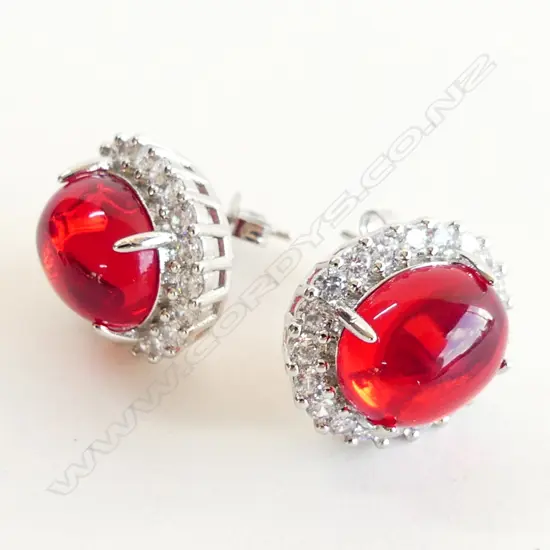 PR FAUX RUBY & STG SILVER LG STUD EARRINGS 
