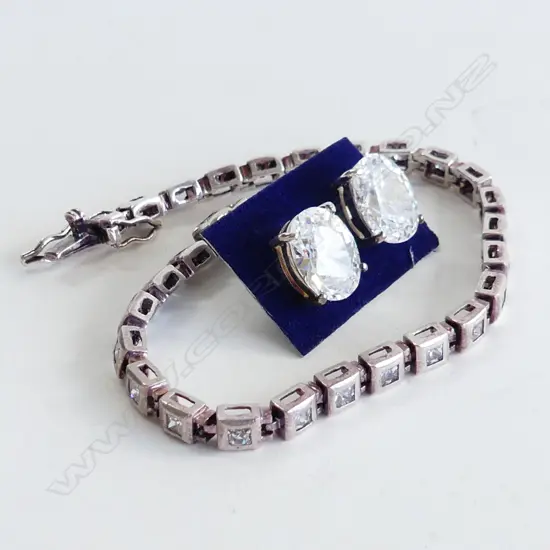 925 SILVER CZ BRACELET & LG STUD EARRINGS 