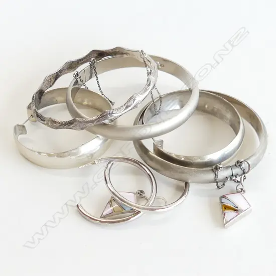 3 SILVER CLIP BANGLES & 2 PR LG SILVER HOOP EARRINGS + DROP EARRINGS  36GMS