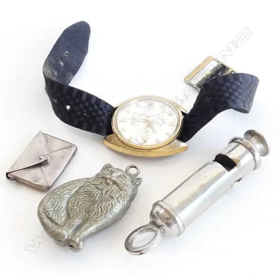 VINTAGE SEIKO GENTS WATCH (Running but scratched) + acme whistle + silver stamp holder + cat rattle
