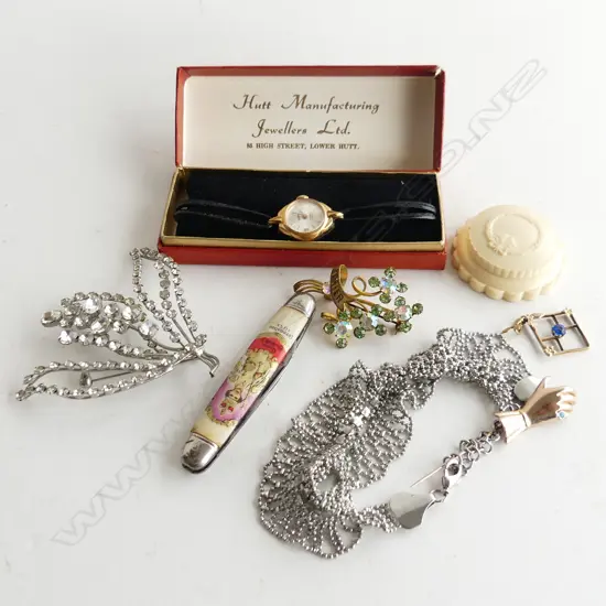 BAG MISC JEWELLERY ETC.. INCL CORONATION POCKET KNIFE, HAT PIN, WATCH, ETC..