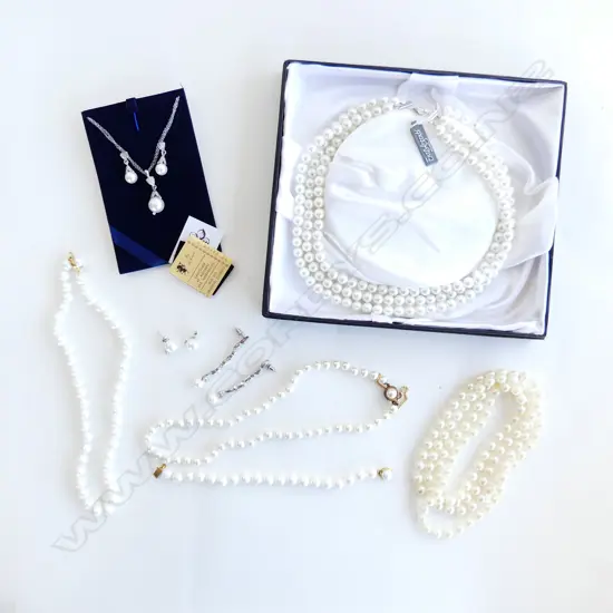 ASST. JEWELLERY; 5  FAUX PEARL NECKLACES + BRACELET & 4 PRS EARRINGS, BOXED